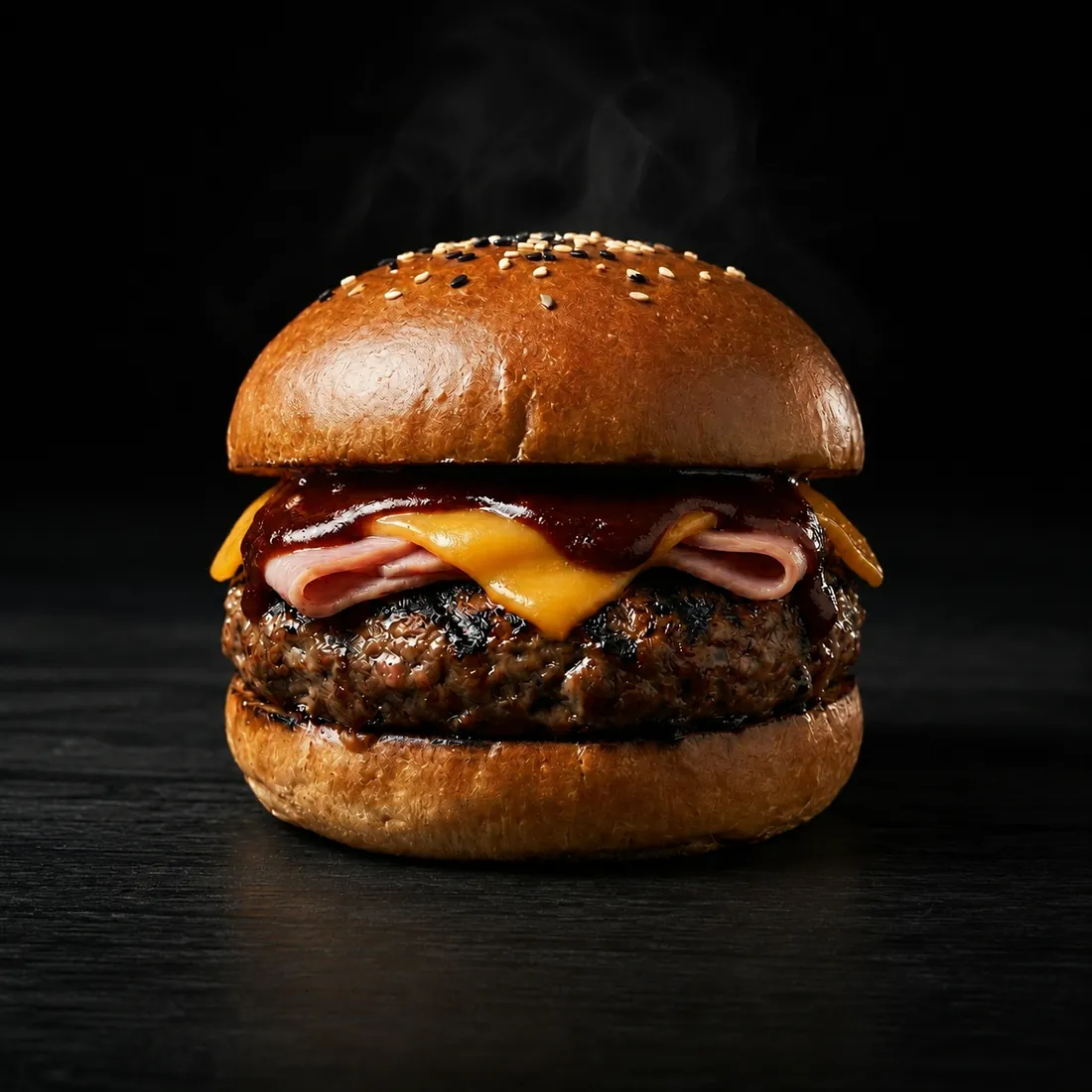 Hamburguesa Gaijin Fuego 外人火 — carne molida a las brasas con BBQ picante de la casa