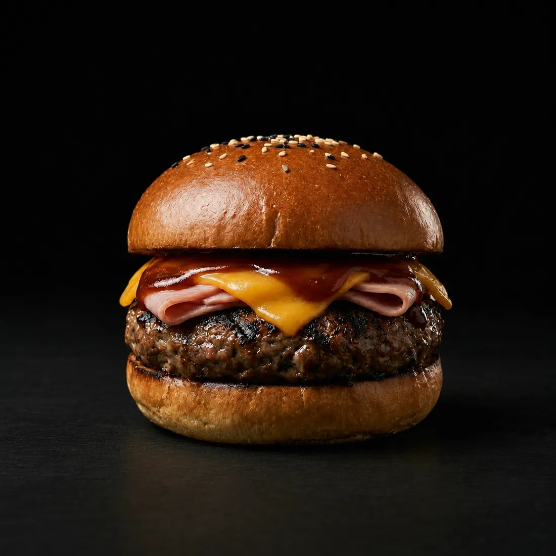 Hamburguesa Gaijin 外人 — carne molida a las brasas con cheddar, jamón y BBQ de autor