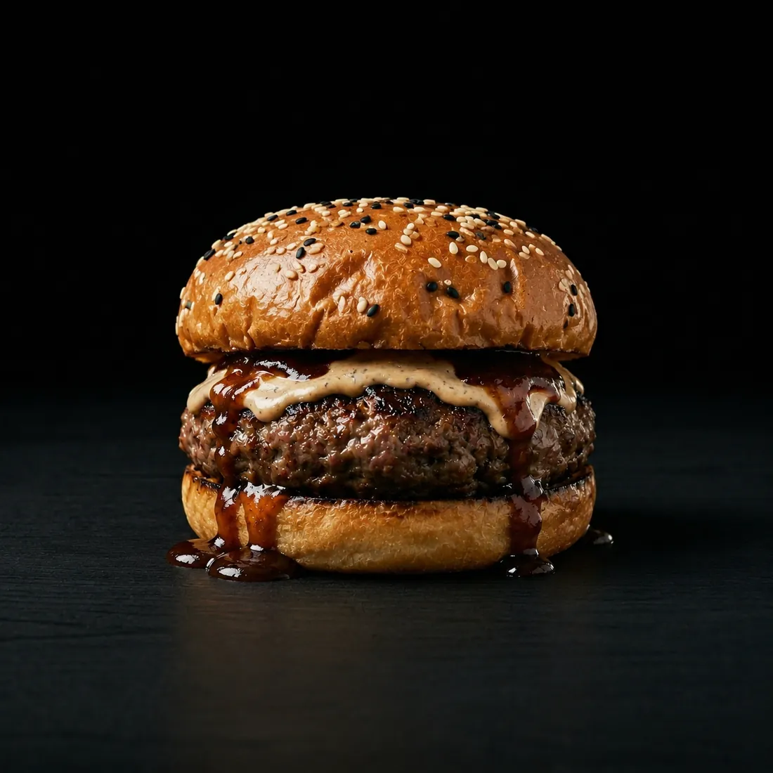 Hamburguesa Kuro 黒 — carne 80/20 a las brasas con curry japonés y ajo negro